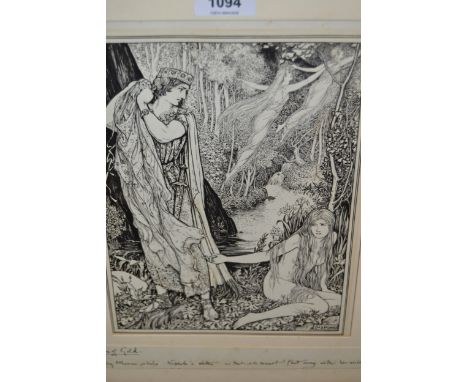 Henry Justice Ford, pre-Raphaelite pen and ink, ' Fleece of Gold ', bearing inscription to mount, 25 x 19cmThe image is an or