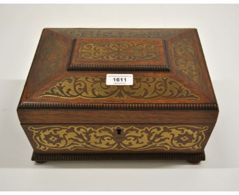 Regency rosewood brass inlaid jewellery casket, the hinged cover enclosing a small mirror and a lift-out tray
