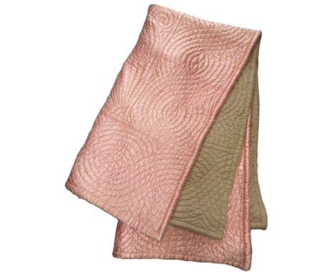 Mid 20th Century pink satin and embroidered quilt, 216 x 194cm approximately, together with a patchwork quilt with pillowcase