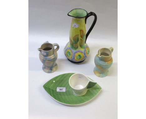 Hancocks Art Deco pottery jug, two Wade Heath pottery jugs and a Villeroy &amp; Boch leaf form cup and saucer