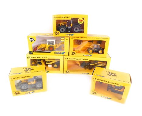 Britains JCB die cast vehicles, scale 1:32, including a JCB 3C MkIII, 8250 Fastrac, 8060 Mini Excavator, and a 718 Dump Truck