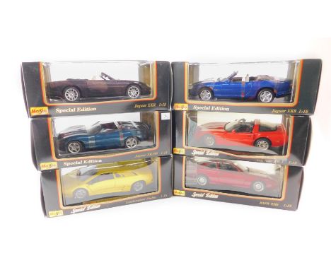 Six Maisto Special Edition die cast models of performance cars, scale 1:18, boxed, comprising BMW 850i, Jaguar XK180, Jaguar 