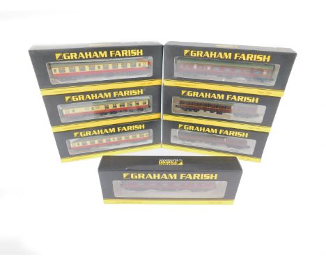 Graham Farrish N gauge coaches, boxed, comprising four BR maroon coaches, Mk I and a Stanier brake first, together with BR cr