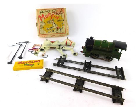A Hornby 0 gauge locomotive, type 501, green livery, together with track and a Moko Muffin the Mule puppet, boxed