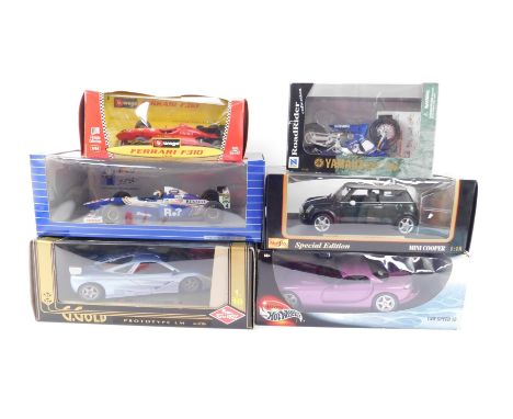 Die cast models of cars and motorbikes, boxed, comprising a Maisto Mini Cooper Special Edition, scale 1:18, an HHF Williams R