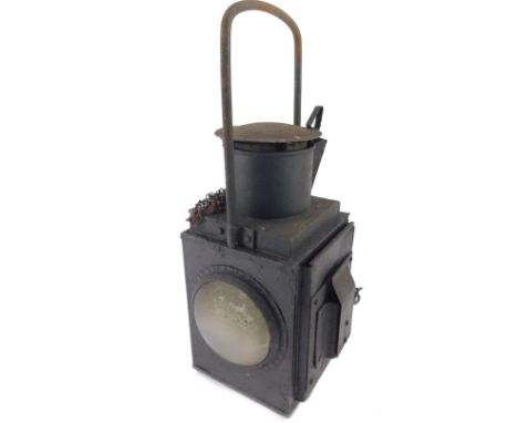 A black metal railway lantern, with double light aperture, 48cm H.