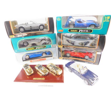 Three Maisto Special Edition die cast models of performance cars, scale 1:18, comprising Mercedes Benz 500SL, Jaguar S type 1