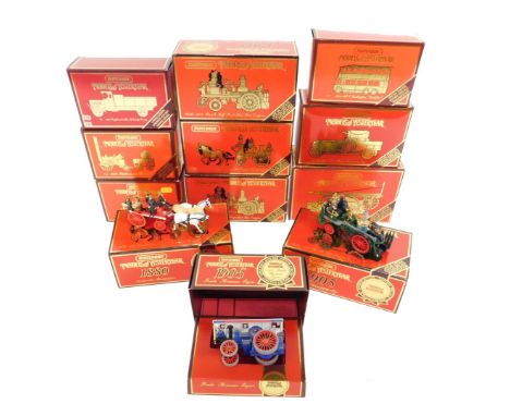 Matchbox Models of Yesteryear die cast models of vintage fire engines, trucks, steam engine, Stephenson's Rocket, and a Royce