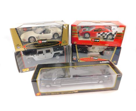 Three Burago die cast Special and Gold Collection cars, scale 1:18, comprising Mercedes Benz SSKL 'Caracciola 1931', Ferrari 