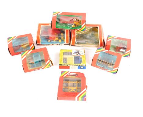 Britains Farm Machinery, including a hay baler, manure spreader, Bomford heavy cultivator, and a potato planter, boxed. (9)