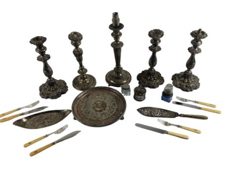 A good attractive pair of Victorian silver plated Candlesticks, 31cms (12") (one converted for electricity), a large silver p