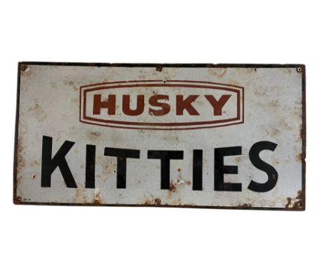 A Vintage enamel Advertisement Sign, "Husky Kitties," approx. 31cms x 61cms; "Shell," approx. 16cms x 51cms, both pierced and