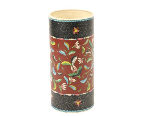 A Chinese cylindrical porcelain cloisonné enamel Vase or Brush Pot,&nbsp;with four character mark to base, 25cms (10"). (1) 