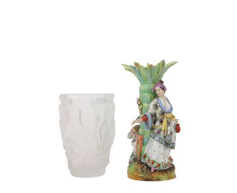 A relief moulded Lalique style glass Vase,&nbsp;22cms (8 1/2"), together with a German porcelain figural Table Centre Stand, 