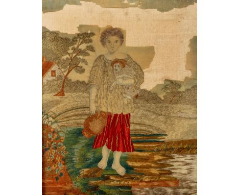 Late 18th Century / early 19th Century  Woolwork Picture "Young Peasant Girl holding a Lamb in her left arm and a Pitcher in 