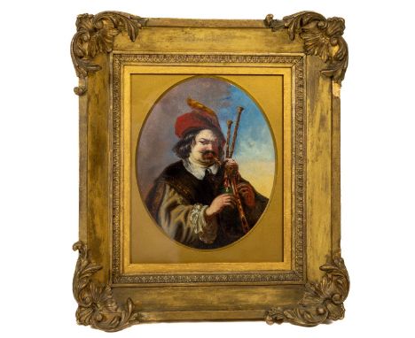 19th Century Continental School  "Man playing Bagpipes," O.O.C., 26cms x 20cms (10" x 8"). (1) 