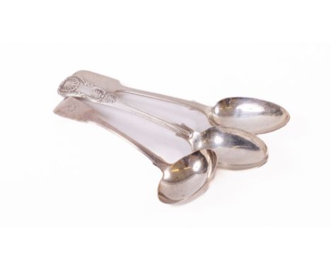An Irish rat-tail fiddle pattern and crested Sauce Ladle, Dublin 1827, by Charles Marsh, an ornate shell back Kings pattern T