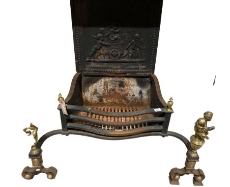 A large heavy brass mounted Georgian style cast iron Fire Grate, the fire back relief cast with cherubs pulling chariot, the 