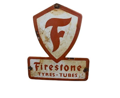 A Vintage enamel Advertisement Sign, "Firestone, Tyres, Tubes," approx. 31cms x 26cms, (shaped design); "Bates, Dunlop," appr
