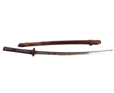 A good Japanese Sword, Katana, with slightly curved single edged blade, 66cms (26"), with pierced iron tsuba and ray skin hil