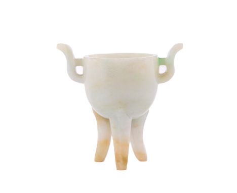 A pale&nbsp;green Chinese jade two handled Jue Cup on tripod base, 8cms (3"). (1) 