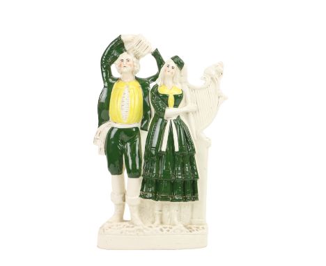 A fine rare Staffordshire flat back Group, "The Irish Musical Couple," she playing the harp in green dress and he playing the