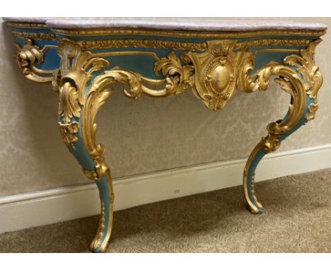 An attractive Louis XVI style giltwood and painted marble top Console Table, the moulded and shaped Sienna marble top over an