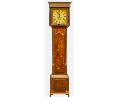 A good early 19th Century Irish mahogany Longcase Clock, with dentil moulded and blind fret cornice above a square painted di