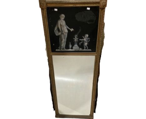 An attractive 19th Century giltwood upright Console Mirror, with painted and blackened upright panel depicting a Goddess and 