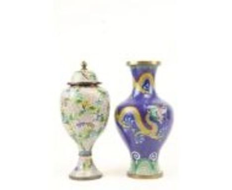 An attractive Chinese cloisonné enamel stemmed Urn and Cover, with floral decoration on a white ground, 32cms (12 1/2"), toge