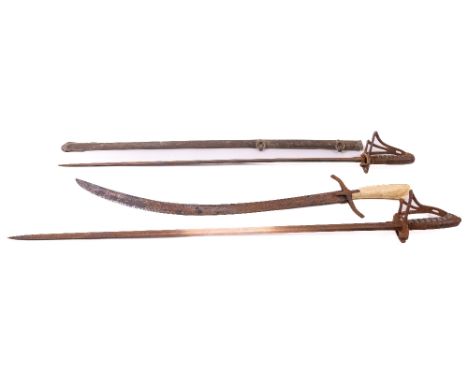 A George V Royal Artillery&nbsp;Sword, with brass hilt and wire bound fish skin grip and single edged blade (rusted), togethe