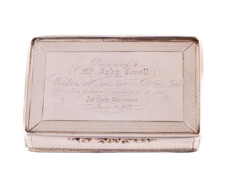A very good silver and silver gilt Victorian Presentation Snuff Box, Birmingham 1838, probably by Joseph Wilmore (JW) with ma