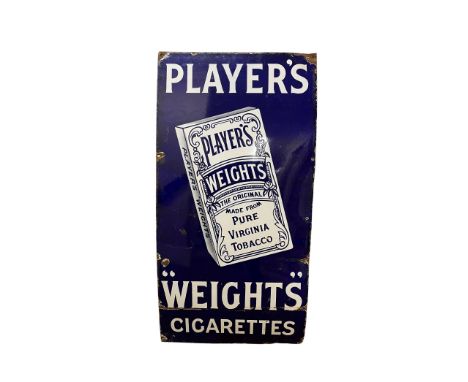 A good dark blue and white enamel Sign,&nbsp; for "Players Weights Cigarettes" 92cms x 46cms (25" x 18"). (1) 