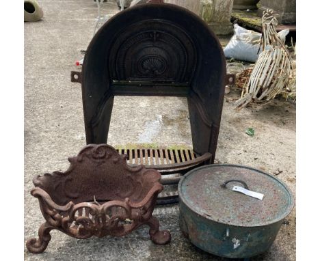 An old cast iron Fire Grate, and a cast iron Skillet with cover, both as is. (2) 