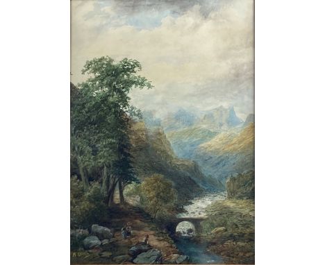 R. Laver, 19th Century English School  "Extensive Landscape with Figures resting in foreground on River Pathway, and Mountain