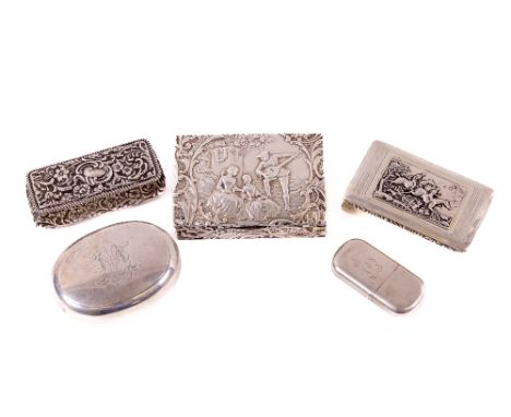 An embossed silver oblong Snuff Box, 9cms (3 1/2"), a rectangular white metal Snuff Box, with hunting scene to cover, 9cms (3