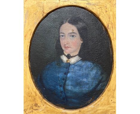 19th Century Irish School  "Portrait of a Young Lady with blue dress and jet Necklace," oval, O.O.C., 37cms x 29cms (14 1/2" 