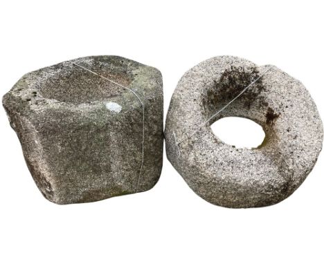 A good large octagonal carved granite Planter, 45cms (17"), and a similar circular tapering ditto, 44cms (17"). (2) 