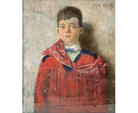 James Sintan Sleator, PRHA (1885-1950)  "Dick Devil," O.O.C., Portrait of a Young Boy wearing blue bow-tie, neck scarf and re