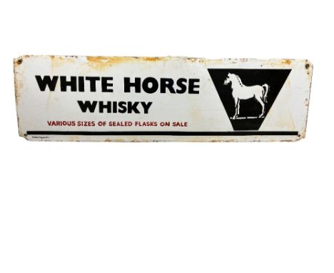 A Vintage enamel Advertisement Sign, "White Horse Whisky - various sizes of sealed Flasks on Sale," approx. 18cms x 61cms; "C