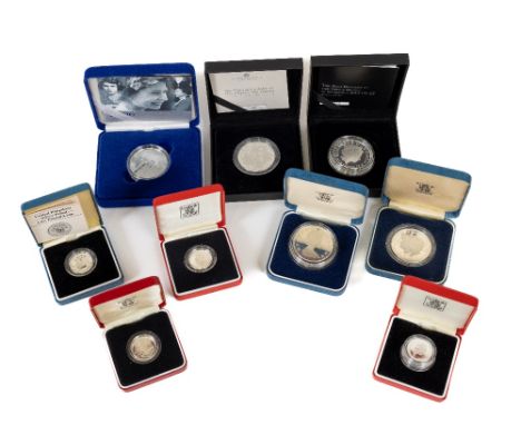 A collection of Royal Mint silver Coins, including three One Pound Coin Proofs (silver Proof Piedfort) each cased; a Prince o