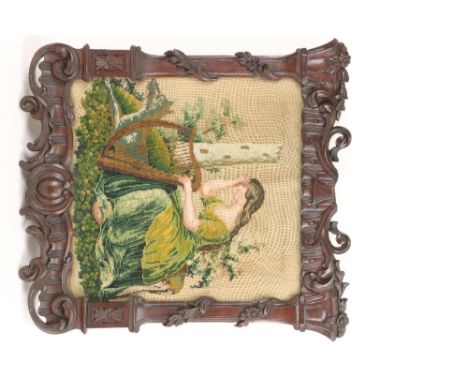 19th Century Irish  Needlework Tapestry depicting "Hibernia with all the Irish Symbols, the Round Tower, the Harp, and the Ir