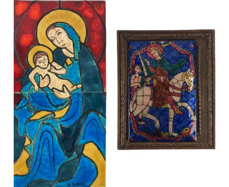 A framed Limoges enamel Panel, depicting a Saint, 13cms x 10cms (5 1/4" x 4"), another unframed ditto of St. Martin on horseb