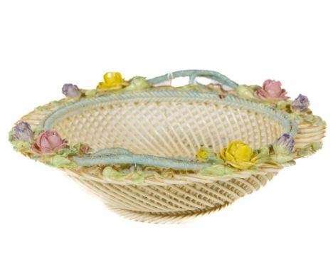 A very good decorated flower encrusted Belleek Basket, with four strand woven base and two&nbsp;Signed strap marks, Belleek (