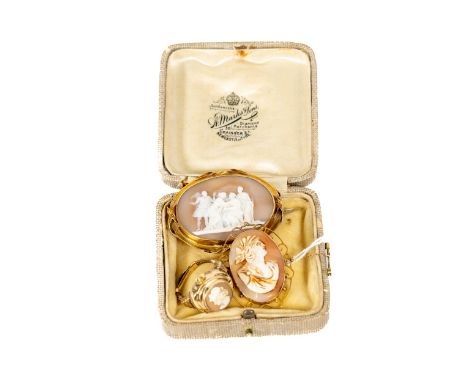 An attractive oval shaped landscape Cameo, with classical scene set in gold mount; together with a Profile Cameo with pierced