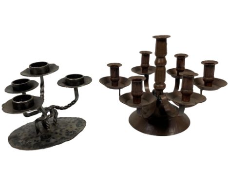 A 6 branch - 7 light Arts &amp; Crafts copper Candelabrum, 24cms (9 1/2"); and another twisted steel four light Candelabrum, 