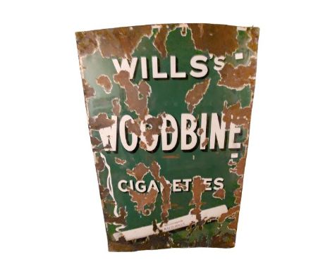 An original blue enamel Advertisement Sign, for 'Wills Woodbine Cigarettes,' the green ground with white text, with lit cigar
