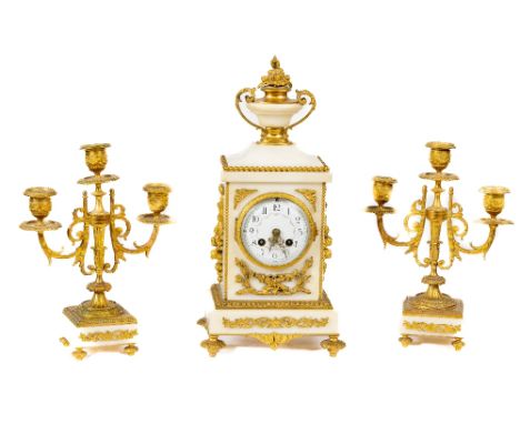 A very attractive 19th Century French white marble and gilt brass Mantle Clock Garniture, the movement by A.D. Mougin, with o