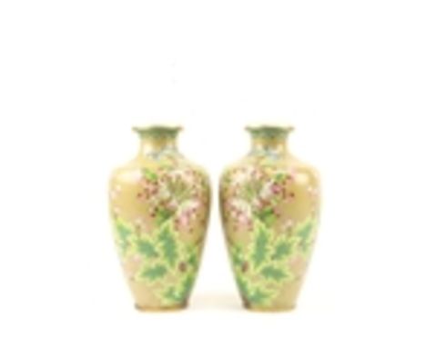 A fine pair of Jingfa Chinese cloisonné enamel baluster shaped Vases, decorated with butterflies and flowers, 33cms (13"). (2