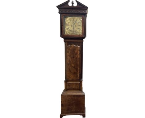 A fine quality Irish Georgian period Provincial Grandfather Clock, the ornate hood with dentil moulded swan neck capital over